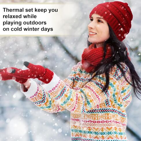 4 Sets Winter Knitted Beanie Hat Glove Set for Women Soft Warm Hat Touchscreen Gloves Winter Hats Winter Gloves for Women in Kuwait