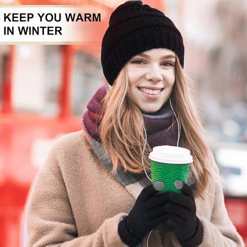 4 Sets Winter Knitted Beanie Hat Glove Set for Women Soft Warm Hat Touchscreen Gloves Winter Hats Winter Gloves for Women in Kuwait