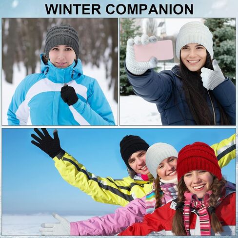 4 Sets Winter Knitted Beanie Hat Glove Set for Women Soft Warm Hat Touchscreen Gloves Winter Hats Winter Gloves for Women in Kuwait