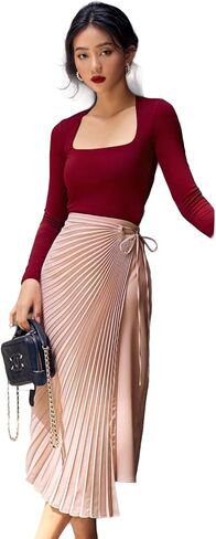 تنورة نسائية من wearVAST بخصر عالٍ ومزودة بطيات من الحرير والساتان تنورة متوسطة الطول على شكل حرف A in Kuwait