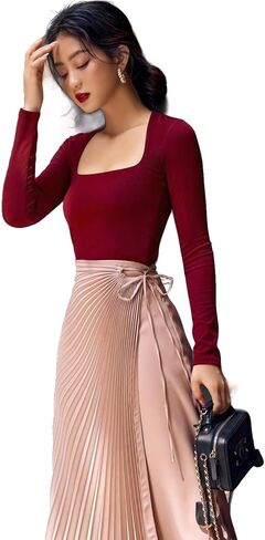 تنورة نسائية من wearVAST بخصر عالٍ ومزودة بطيات من الحرير والساتان تنورة متوسطة الطول على شكل حرف A in Kuwait
