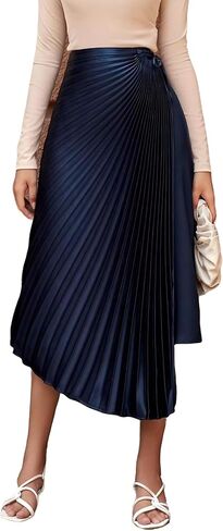 wearVAST Women High Waist Wrap-Effect Pleated Silk Satin Skirt Midi Swing A-line Skirt in Saudi Arabia
