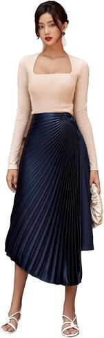 wearVAST Women High Waist Wrap-Effect Pleated Silk Satin Skirt Midi Swing A-line Skirt in Saudi Arabia