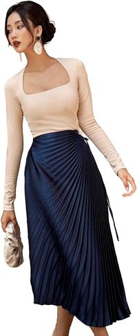 wearVAST Women High Waist Wrap-Effect Pleated Silk Satin Skirt Midi Swing A-line Skirt in Saudi Arabia