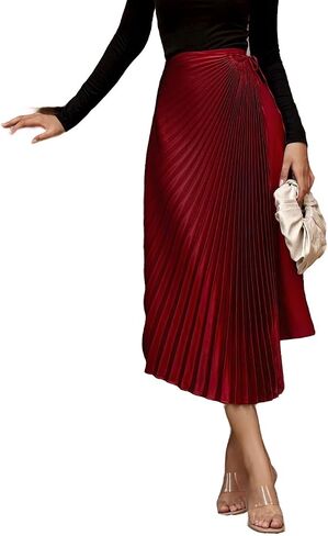 wearVAST Women High Waist Wrap-Effect Pleated Silk Satin Skirt Midi Swing A-line Skirt in Saudi Arabia
