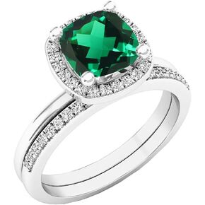Dazzlingrock Collection 10K 7 MM Cushion Lab Created Gemstone & Round Diamond Ladies Engagement Ring Set, White Gold