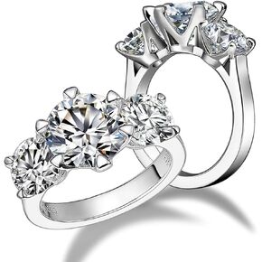 Three Stone Moissanite Engagement Rings for Women 5 cttw Moissanite Wedding Anniversary Ring Center 3.0 ct with Side 1.0 ct D-color VVS Certified Moissanite Platinum-Plated Silver Wide Band
