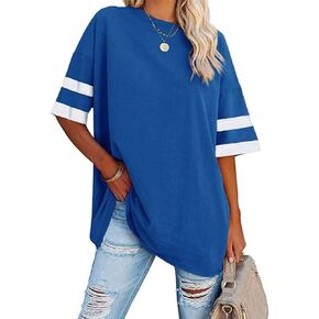 Women's Oversized T Shirts Round Neck Striped Tees Summer Half Sleeve Casual Comfy Cozy Cotton Tunic Tops