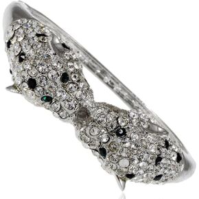 Alilang Golden Toned Black Emerald Clear Crystal Rhinestone Twin Lion Cuff Bracelet Bangle