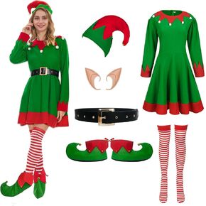 Elf Costume for Women,6-Piece Christmas Costume for Women with Elf Dress Hat Ears Belt Shoes and Socks