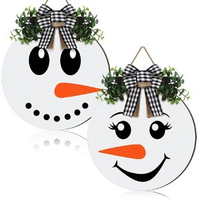 2 Pcs Snowman Wreath Sign for Front Door Decorations with Bow Winter Round Wooden Wreath Decor Winter Rustic Hanging Garland for Farmhouse Wall Porch Indoor Outdoor Decor(Snowman)