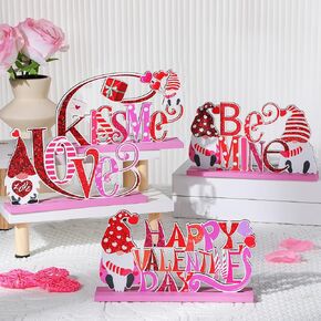 Happy Valentine's Day Decorations, 4 Pcs Wooden Gnomes Kiss Me Signs, Be Mine Tabletop Centerpiece Signs with Pink Hearts for Valentine's Day Gifts Mantle Shelf Table Home Decors