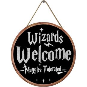 Wizards Welcome Tolerated Sign, 12 x 12 inches, Room Decor, Home Decor, Wizardry Theme, Door Wall Hanging Wood Plaques, Magic Christmas Gifts (Wizards Welcome)