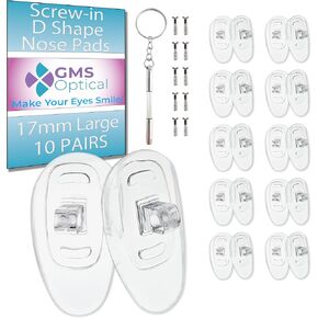 GMS Optical 17mm Large Length/6mm Wide - D Shape Screw-in Soft Silicone Eyeglass Nose Pads - Eyeglass Repair Kit with Screws and Screw Driver, Anti-Slip Nose Pads for Glasses, (10 Pair)