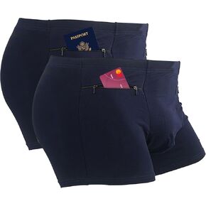 LUEXBOX Pocket Underwear for Men with Secret Hidden Pocket, Travel Boxer Briefs, 2 Packs (Dark Blue)
