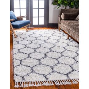Unique Loom Hygge Shag Collection Area Rug - Trellis (5' 1" x 8' Rectangle, Ivory/ Gray)
