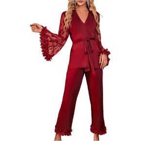 Verdusa Women's Feather Trim Silk Satin Pajamas Button Down Long Sleeve Top and Pants Lounge Set