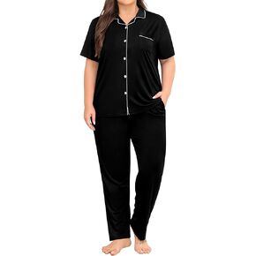 SWOMOG Women's Plus Size Pajama Set Short Sleeve Sleepwear Top and Pants Button Up Pajamas for Women Loungewear