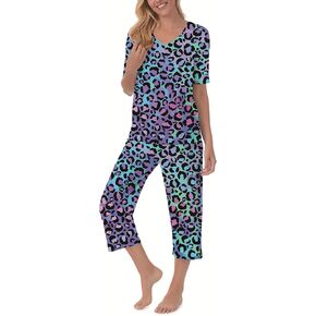 QCIV Womens Pajama Sets V-Neck Short Sleeve Top and Capri Pants with Pockets Sleepwear Set Two Piece PJS