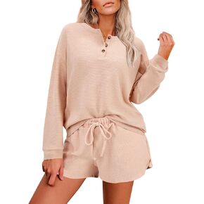 Rooscier Women's Waffle Knit Pajama Sets Long Sleeve Top and Shorts Matching Lounge Sets