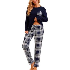 Christmas Pajamas Set for Women Long Sleeve Pjs Soft Sleepwear Plaid Pant with Pockets
