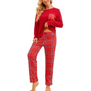 طقم بيجامات عيد الميلاد للسيدات بأكمام طويلة وسروال نوم ناعم منقوش بجيوب in Kuwait