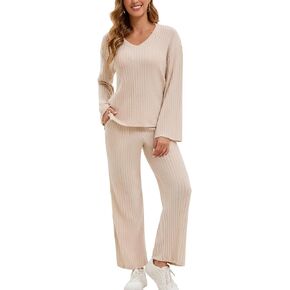 WOWENY Womens 2 Piece Outfits Lounge Sets With Pockets Long Sleeve V Neck Ribbed Pajama Sets Casual Wide Leg Pants Loungewear