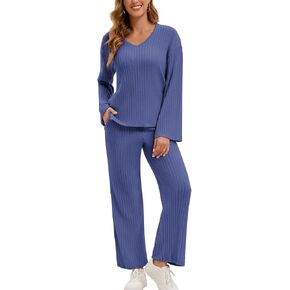 WOWENY Womens 2 Piece Outfits Lounge Sets With Pockets Long Sleeve V Neck Ribbed Pajama Sets Casual Wide Leg Pants Loungewear in Kuwait