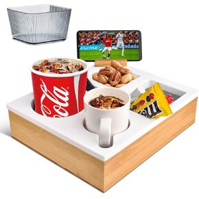 Couch Cup Holder Tray Couch Drink Holder Sofa Couch Caddy with Cup Holder, LAVAED Silicone Wooden Couch Buddy for Sofa Bed Car Seat Beach Outdoors Organizer Snacks Beverage Remote, Waterproof & Large
