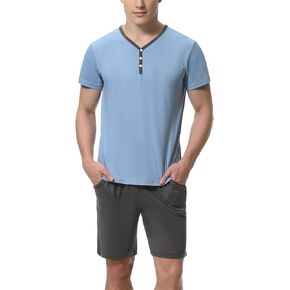 Marvmys Men's Cotton Pajama Shorts Set 2 Piece Short Sleeve Lounge Sets Henley Neck Sleepwears