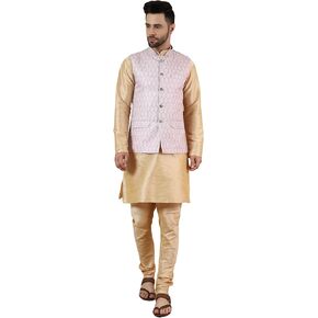 WINTAGE Men's Digital Print Cotton Silk Gold Modi Nehru Jacket & Kurta Payjama Set