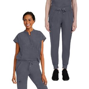 Healing Hands Women's Scrub Set Journey Top 2152 Toby Jogger Pant with Elastic Waistband 9244 Medical Scrub with 9 Pockets, Pewter- XL Top/XL Pant
