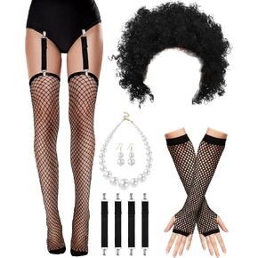 Mepase 9 قطع من إكسسوارات زي فيلم الرعب في الهالوين في السبعينيات، تتضمن قفازات شبكة صيد السمك، وأشرطة رباط، وأقراط كبيرة من اللؤلؤ المقلد، شعر مستعار أسود مجعد للرجال البالغين في الحفلات التنكرية in Kuwait