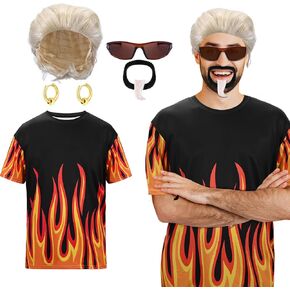 Kavoc 6Pcs Men Halloween Costume Set Include Wig T-shirt Beard Sunglasses for Adult Dress Up Supplies