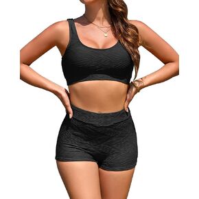 Ribbed Two Piece Swimsuit for Women High Waisted Bikini Sets Tummy Control Bathing Suits Boy Shorts Bottom