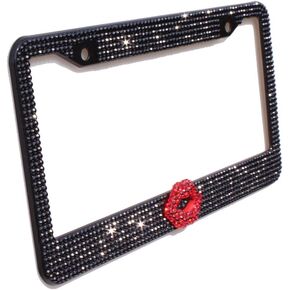 OTOSTAR 7 Row Pure Handmade Waterproof Bling Bling Rhinestones Stainless Steel Metal License Plate Frame 2 Holes with Matching Screws Caps (Black/Red Lip)