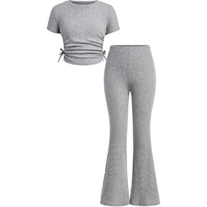 SOLY HUX Girl's Summer 2 Piece Outfits Short Sleeve Ruched T Shirt with Flare Leg Pants Set