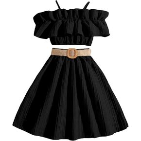 Girl's Ruffle Trim Two Piece Off Shoulder Cami & Pleated Mini Skirts Outfits Set With Belt