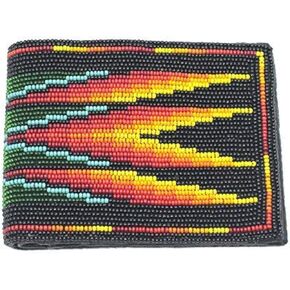 Handmade Men's Leather Wallet Hand beaded seed bead Inspired from Native american handicraft One of its kind (Blue-red) in Kuwait