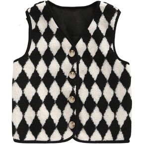 WDIRARA Women's Faux Fur Leopard Print Crop Vest Button Front V Neck Sleeveless Top