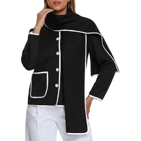 Allegra K Elegant Pea Coat for Women's Scarf Jacket with Pockets Button Down Casual Fall Winter Coats