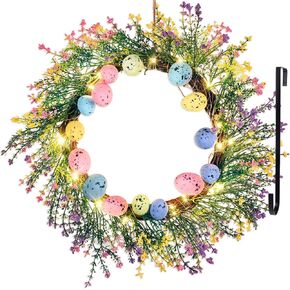 Easter Wreath Decorations - with Eggs, Spring Artificial Flowers, Led-Light String, Front Door Outside Porch Decor for The Home (Batteries Not Included, Assembly Needed)
