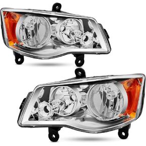 Factory Style Headlights Assembly for 2011-2020 Dodge Grand Caravan / 2008-2016 Chrysler Town & Country Headlamp Replacement Driver and Passenger Side, Chrome Housing Amber Reflector