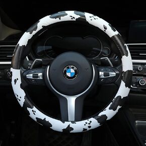 Dotesy Leather Cow Pattern Steering Wheel Cover Protector Cow Print Car Accessories Anti Slip Universal for 36.5-38cm (Black Half)