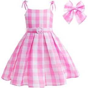 Pink Costume for Girls, Doll Movie Cosplay Outfit Pink White Gingham Dress for Kids Party Birthday Dress Up