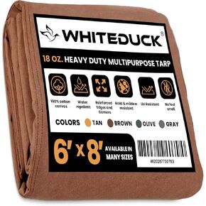 WHITEDUCK Canvas Tarp 18 oz. Heavy Duty Waterproof UV Resistant, Rustproof Grommets, Industrial & Commercial Use Cloth Tarps (Cut Size: 6x8, Finished Size: 5'6"x76, Olive Drab)