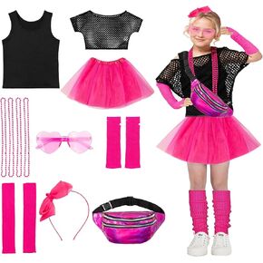 Fairycece Girls 80s Costume 4T-10 Halloween 80 Theme Party Outfit Accessories Set