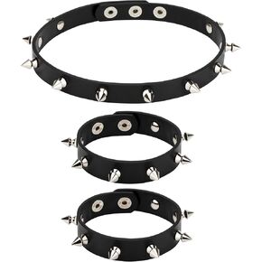 3 Pack Punk Choker Necklace Studded Bracelet Suit, Pu Leather Goth Choker Spike Rivet Cuff Metal Black Wristband