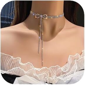 Missgrace Layered Tassels Rhinestone Necklaces Silver Crystal Bow Shiny Short Necklace Chains Sparkly Party Necklace Jewelry for Women
