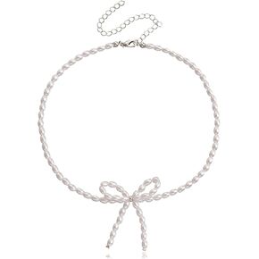 WLL Boho Beaded Choker Necklace Gold Bow Ribbon Chain Chokers Necklace Vintage Crystal Bowknot Necklace Wedding Party Prom Necklace Jewelry for Women